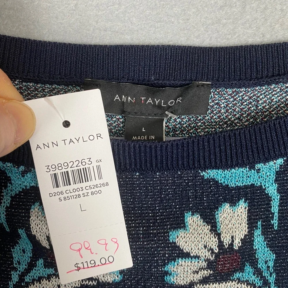 Ann Taylor Floral Jacquard Knit Sweater Skirt 2 Piece Set Womens L Navy NEW
